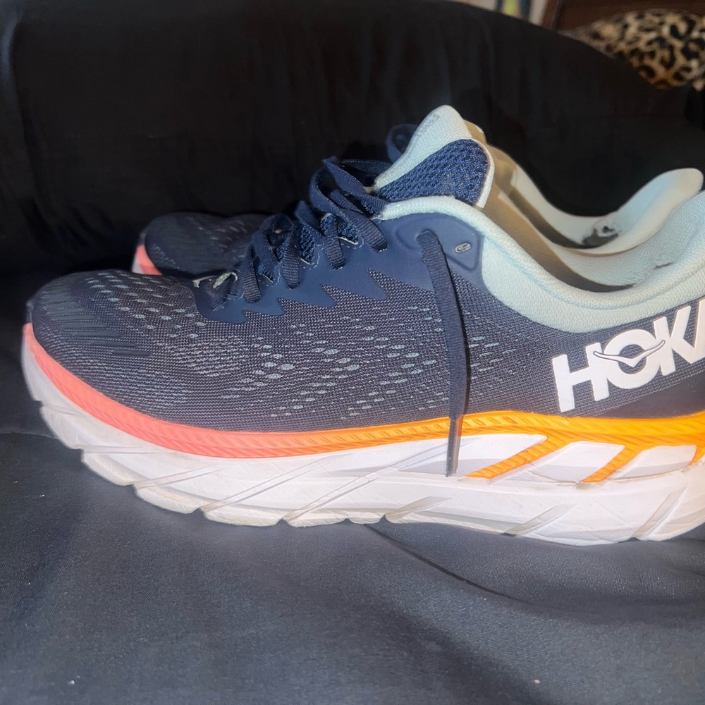 Hoka Navy and White Sneakers with Orange Highlights
